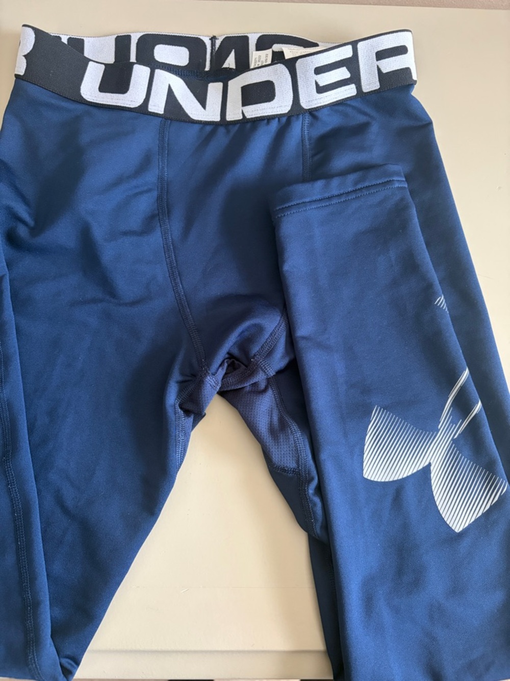Under Armour Navy Blue Kids Compression Leggings with White Logo